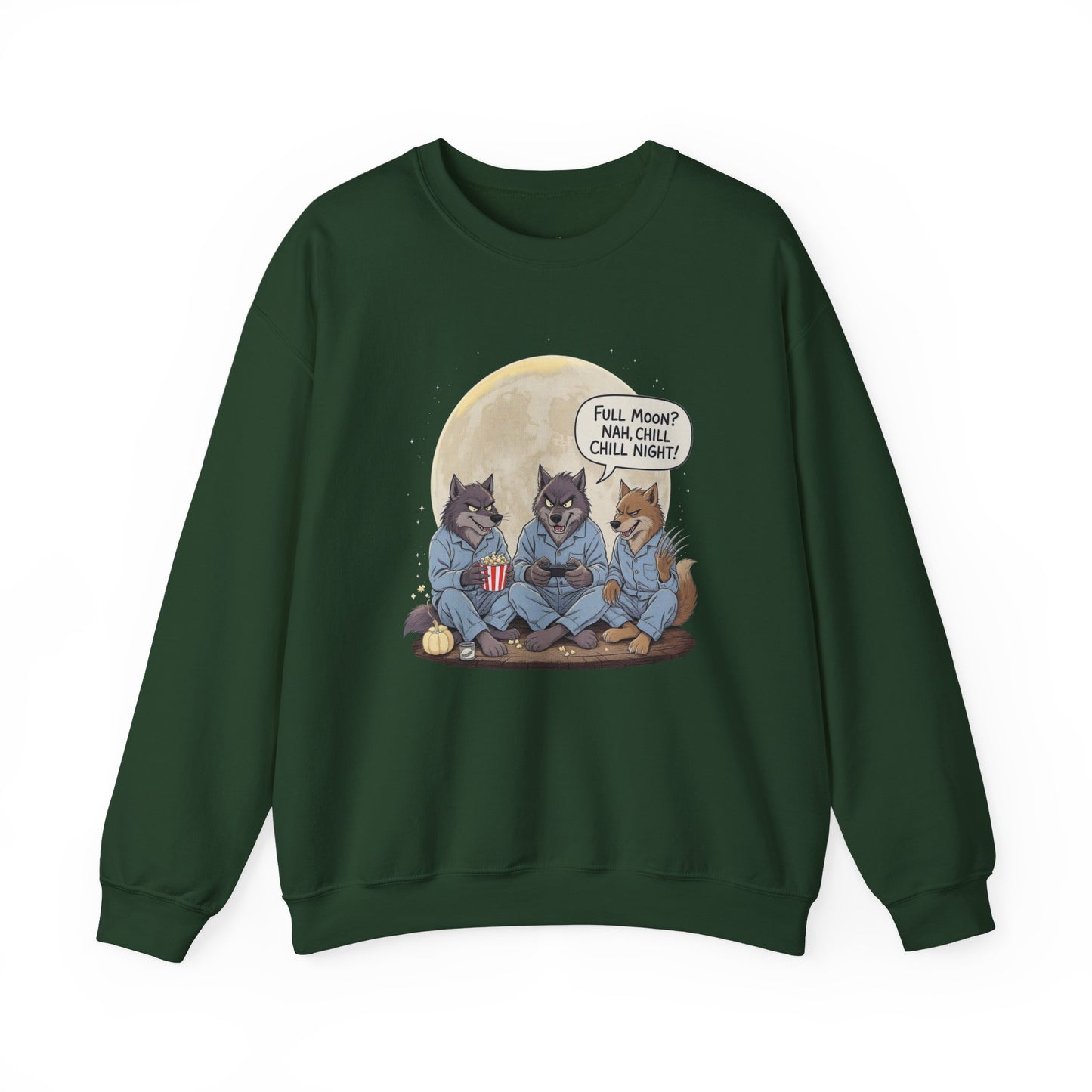 Full Moon? Nah, Chill Night Sweatshirt – Cozy Werewolf Lounge Graphic