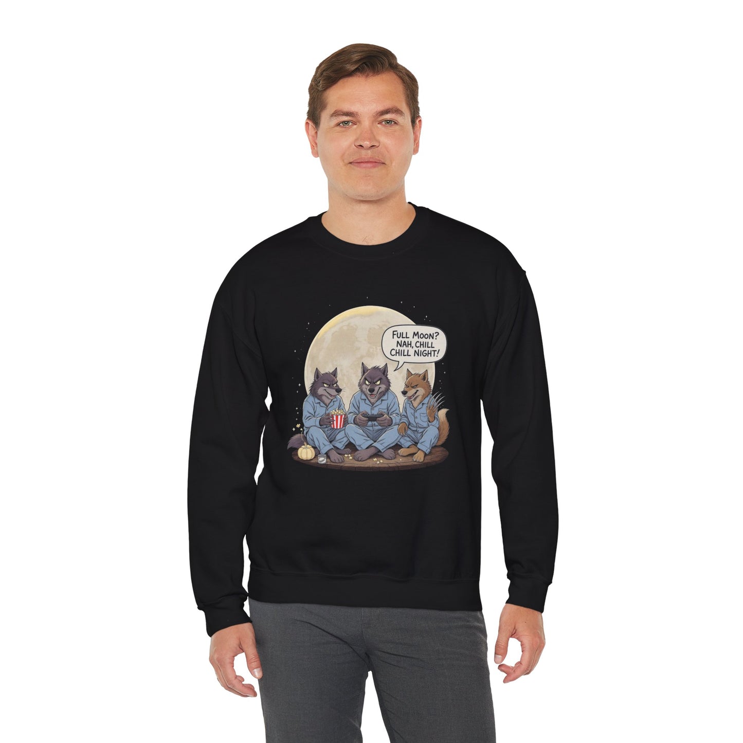 Full Moon? Nah, Chill Night Sweatshirt – Cozy Werewolf Lounge Graphic