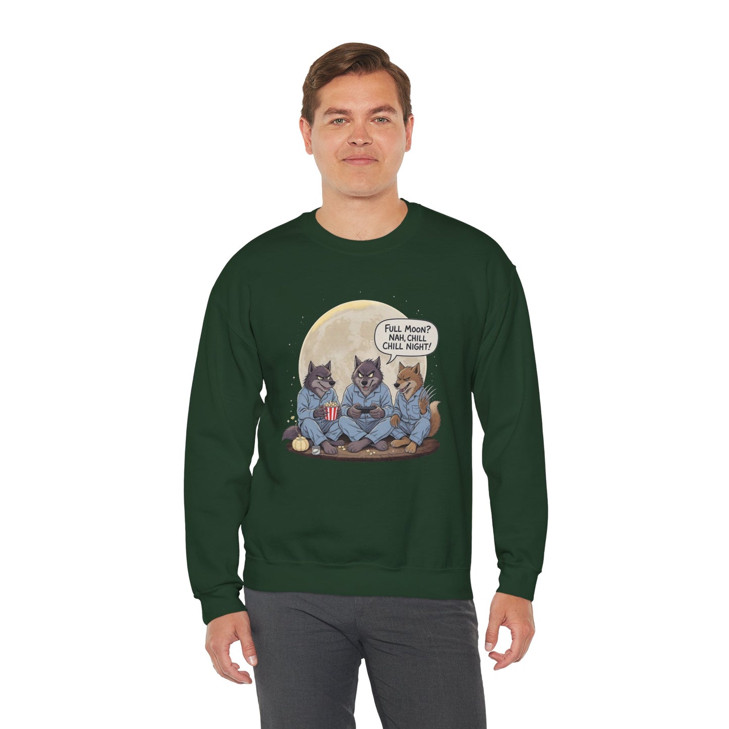 Full Moon? Nah, Chill Night Sweatshirt – Cozy Werewolf Lounge Graphic