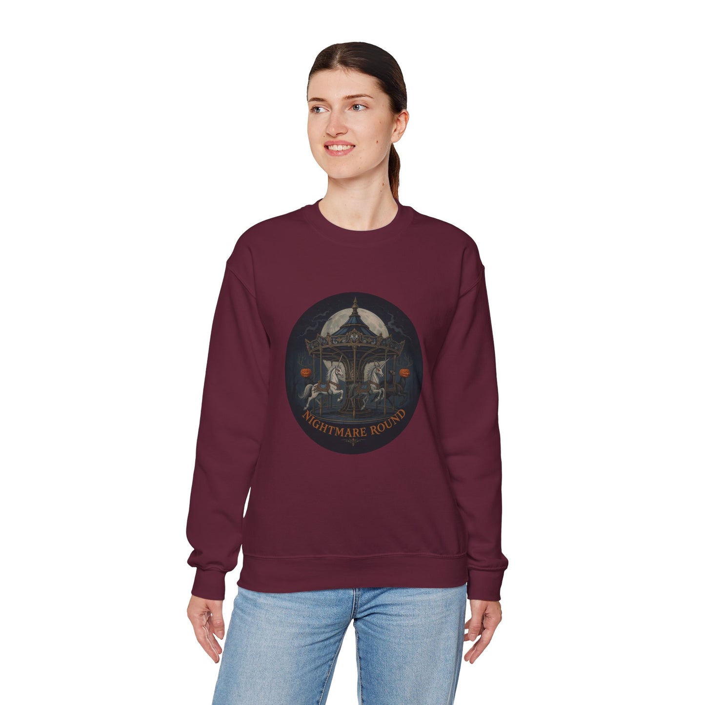 Nightmare Round Sweatshirt – Gothic Halloween Carousel Design