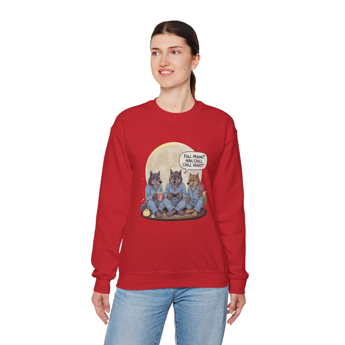 Full Moon? Nah, Chill Night Sweatshirt – Cozy Werewolf Lounge Graphic