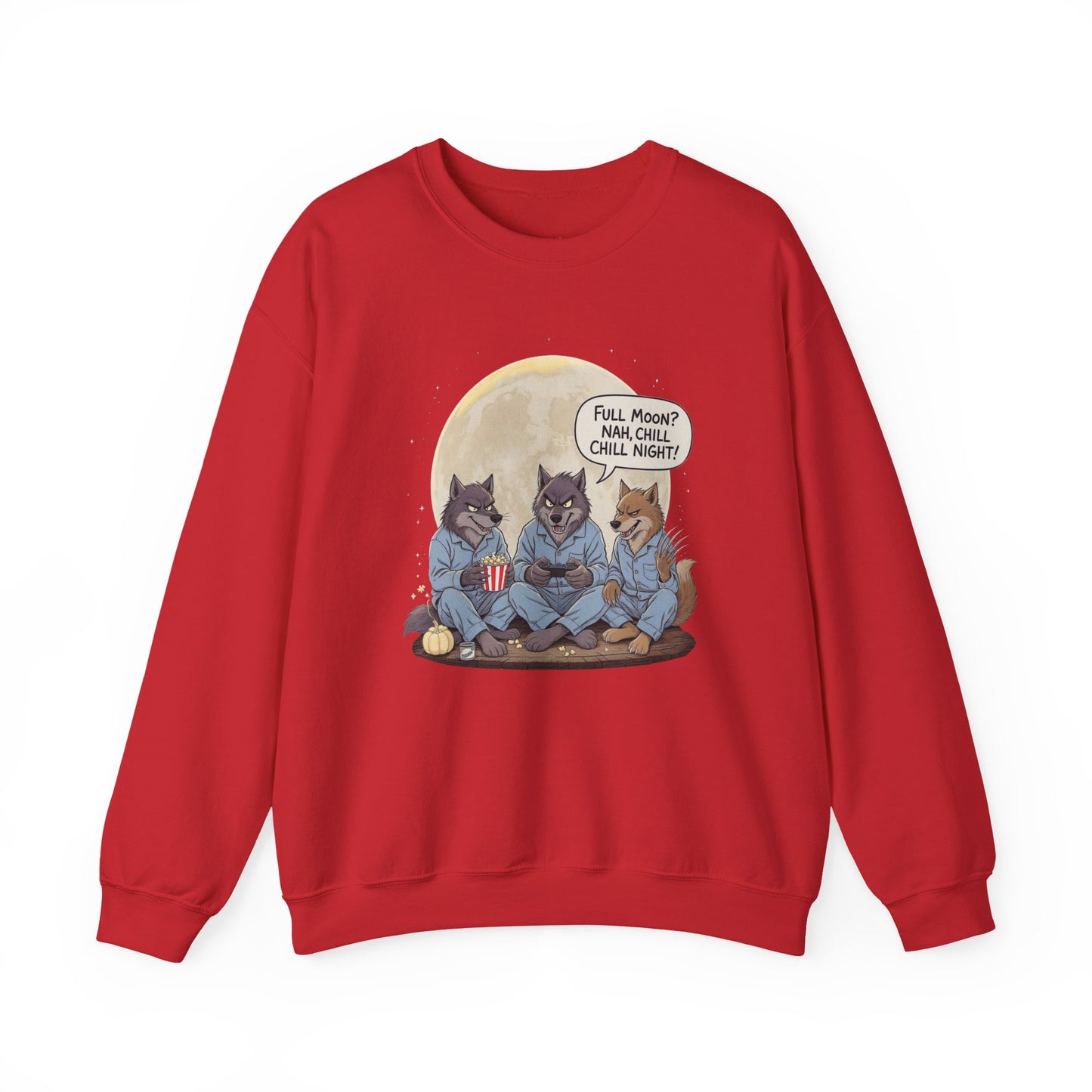 Full Moon? Nah, Chill Night Sweatshirt – Cozy Werewolf Lounge Graphic
