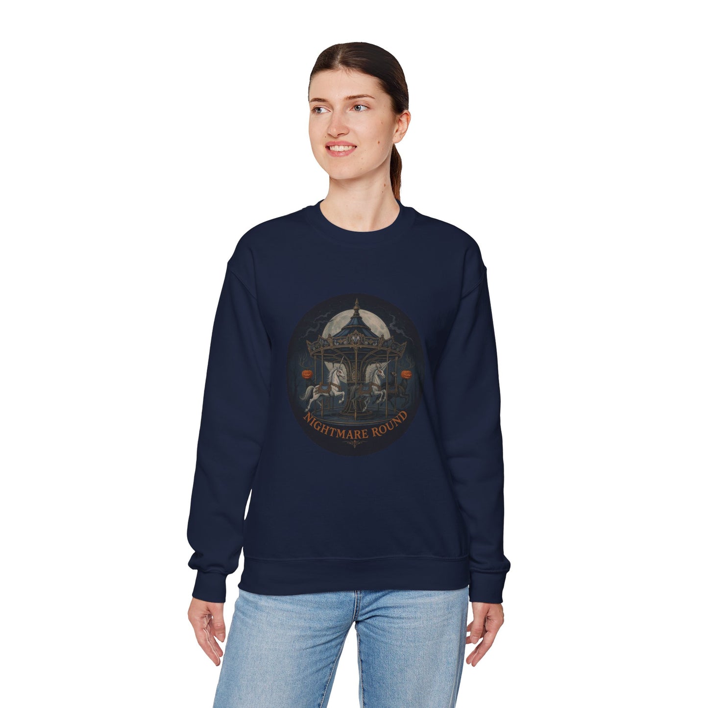 Nightmare Round Sweatshirt – Gothic Halloween Carousel Design