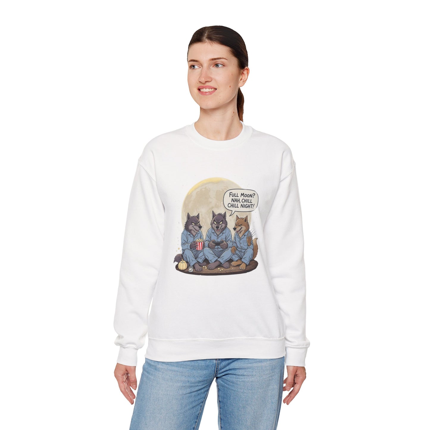 Full Moon? Nah, Chill Night Sweatshirt – Cozy Werewolf Lounge Graphic
