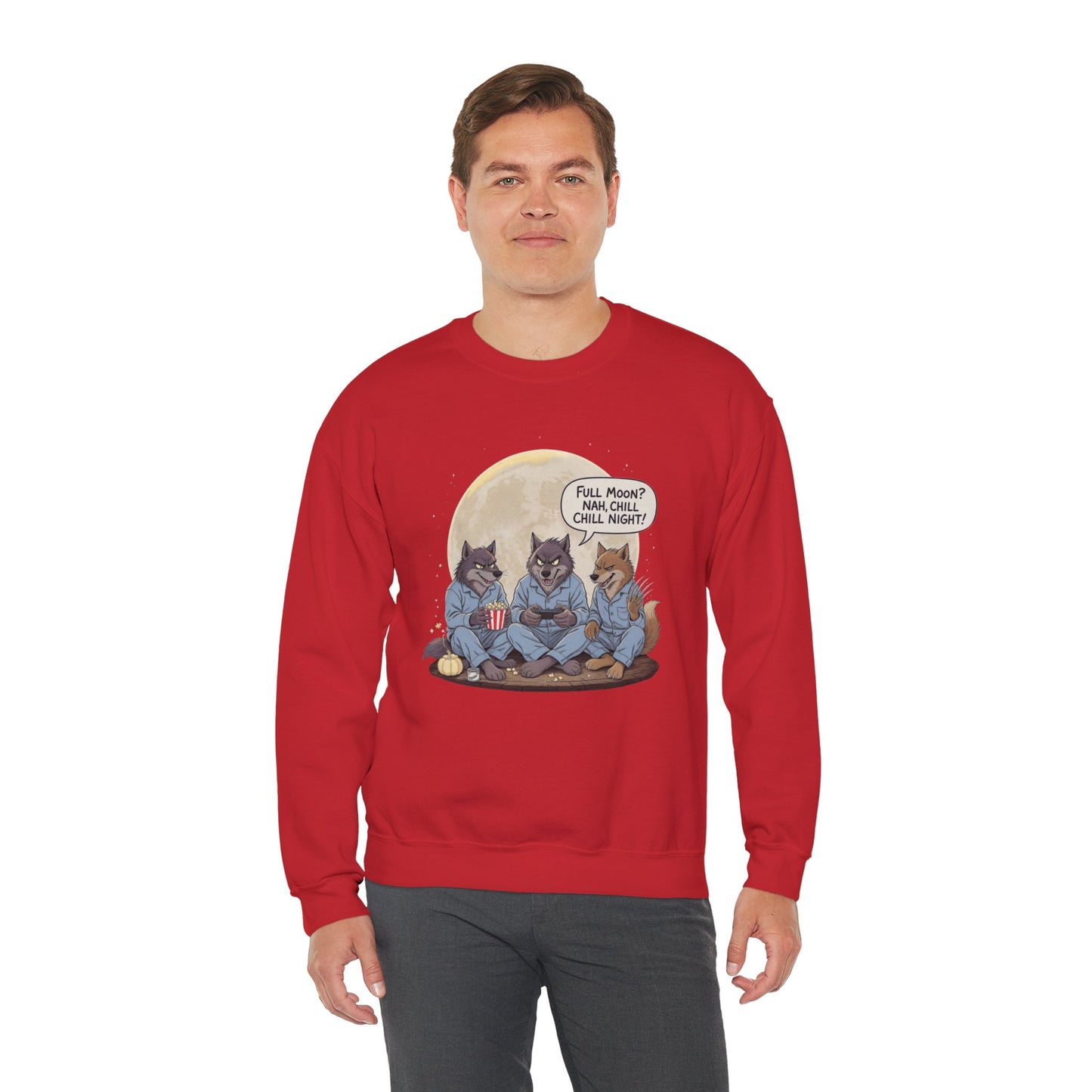 Full Moon? Nah, Chill Night Sweatshirt – Cozy Werewolf Lounge Graphic