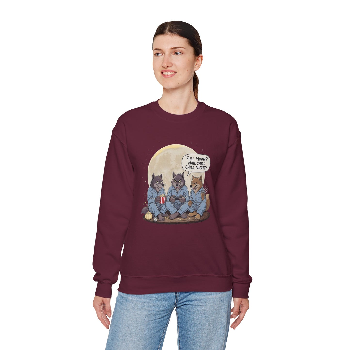 Full Moon? Nah, Chill Night Sweatshirt – Cozy Werewolf Lounge Graphic
