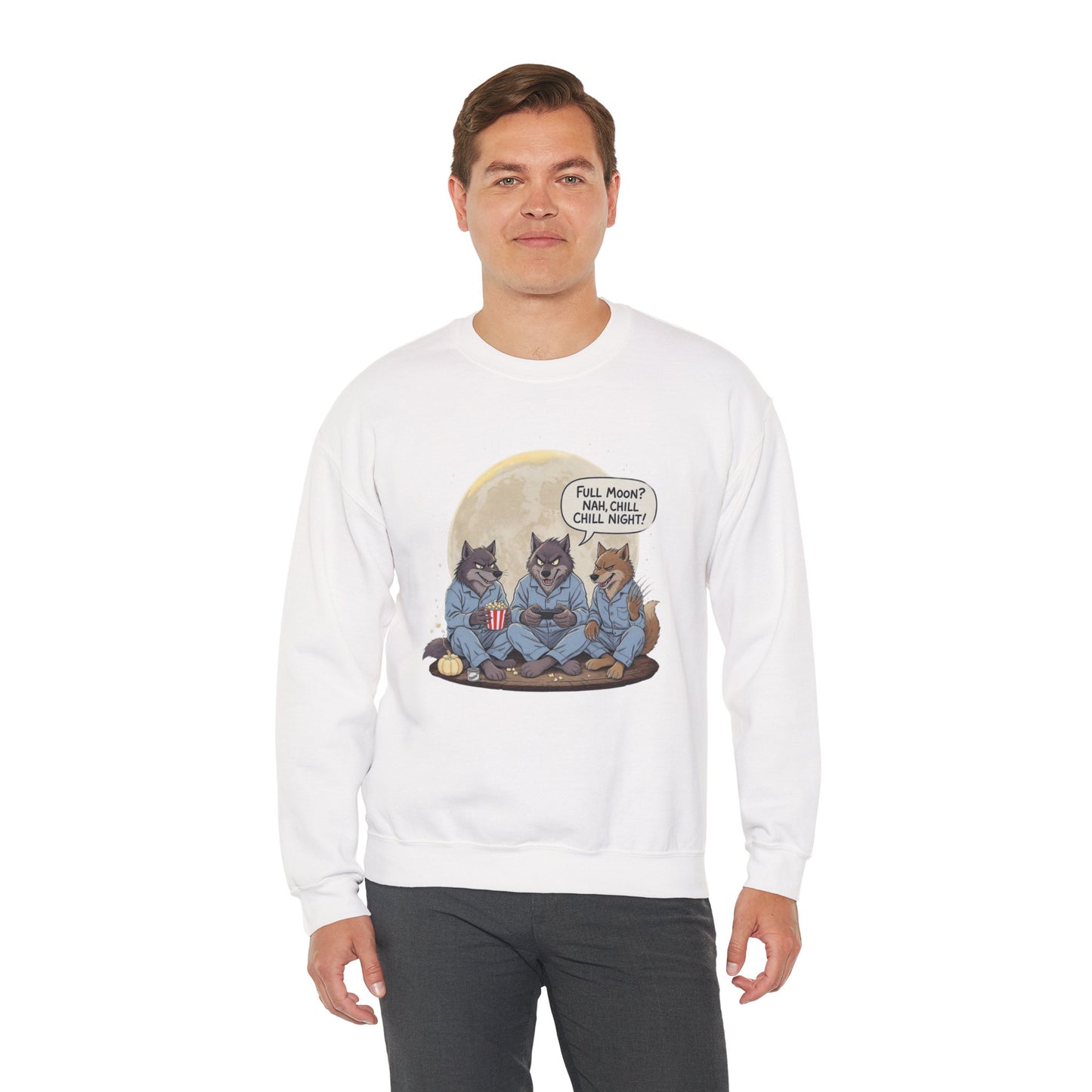 Full Moon? Nah, Chill Night Sweatshirt – Cozy Werewolf Lounge Graphic