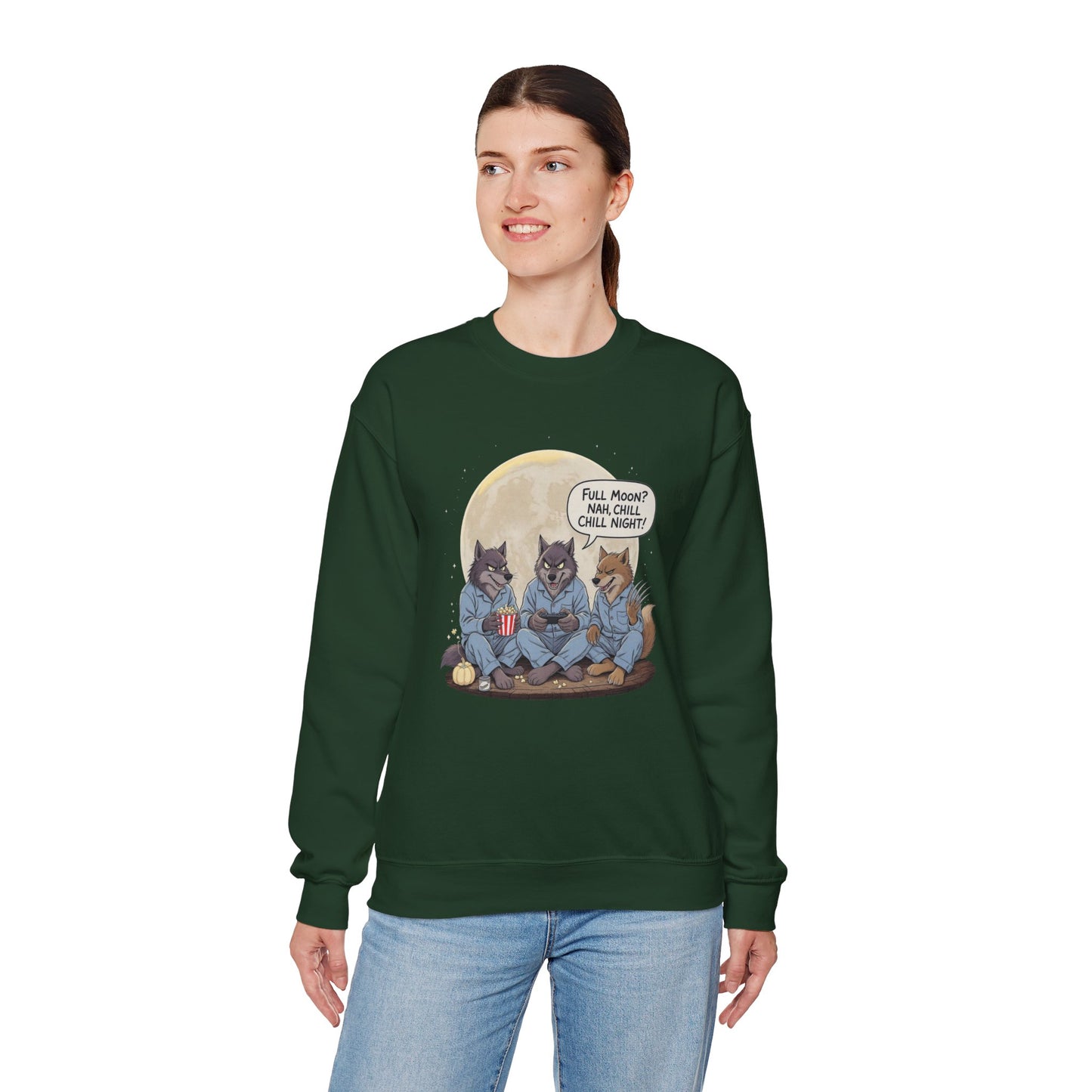 Full Moon? Nah, Chill Night Sweatshirt – Cozy Werewolf Lounge Graphic