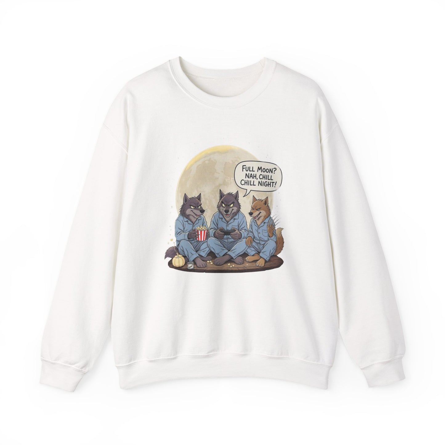 Full Moon? Nah, Chill Night Sweatshirt – Cozy Werewolf Lounge Graphic