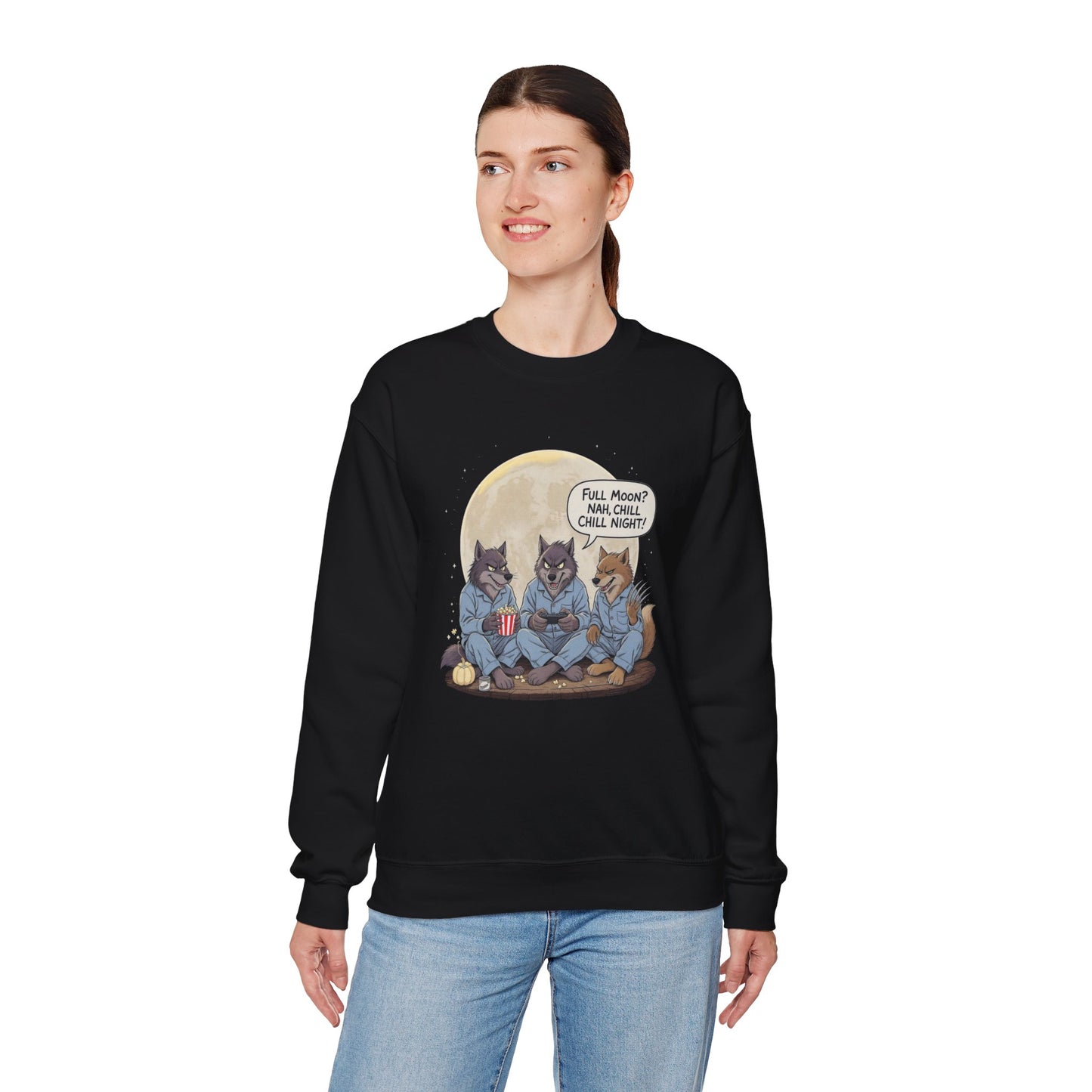 Full Moon? Nah, Chill Night Sweatshirt – Cozy Werewolf Lounge Graphic