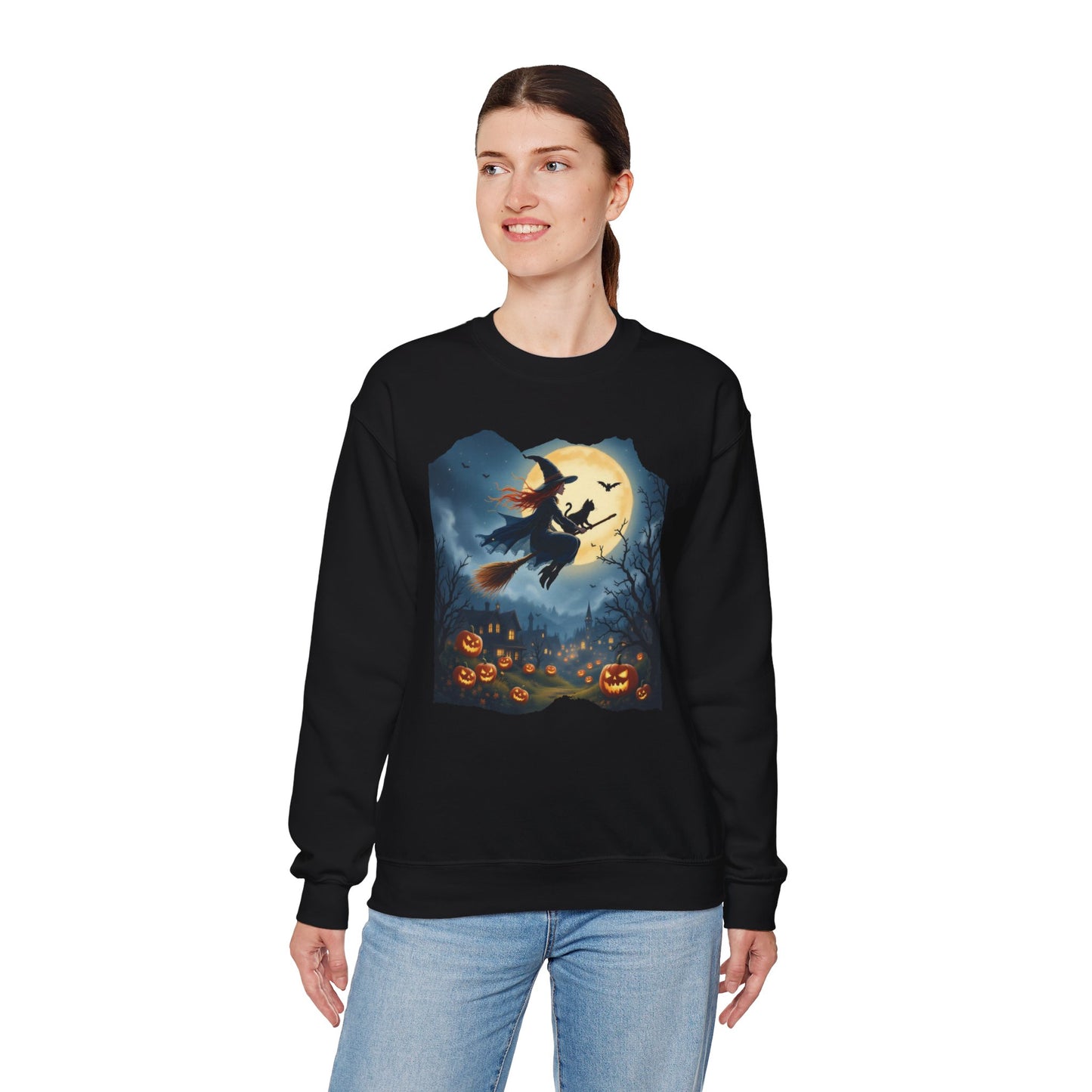 Midnight Flight Sweatshirt – Watercolor Witch & Cat Pullover